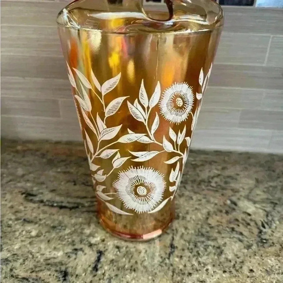 Jeanette Marigold Carnival Glass Pitcher White flowers  Iridescent Peach… - Picture 3 of 5
